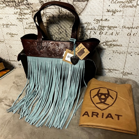 Ariat Handbags - SPECTACULAR Brown Leather Bag with Teal Leather Fringe